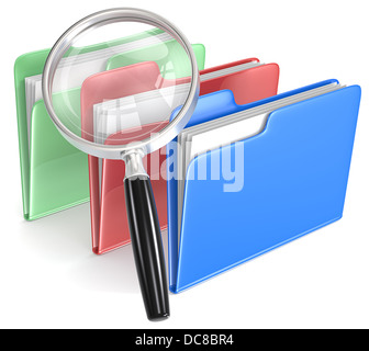 Magnifying Glass over 3 folders. Blue, red, and green. Stock Photo