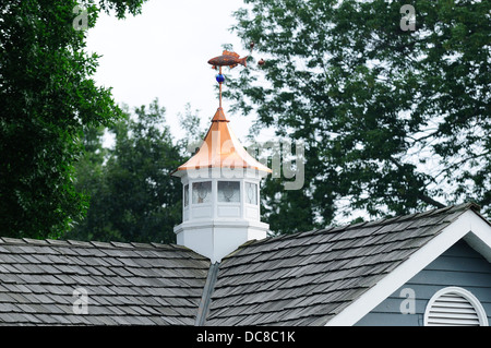 Steeple and weathervane atop boat house. Stock Photo