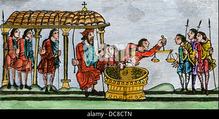 Officers receiving and weighing coins at the Exchequer, London, 1130. Hand-colored woodcut Stock Photo