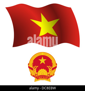 vietnam wavy flag and coat of arm against white background, vector art illustration, image contains transparency Stock Photo