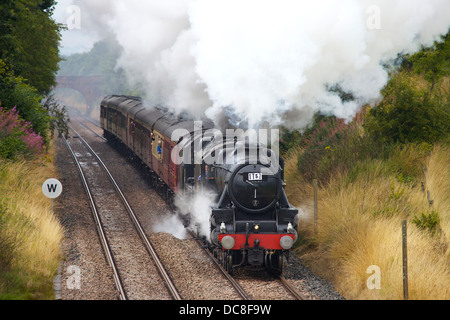 Steam train The Sherwood Forester 5231 and other Black Five 44932 behind at Wetheral Sheild on the Settle to Carlisle Railway Stock Photo