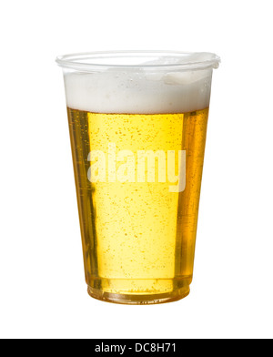 Golden beer, ale or lager in a plastic disposable pint glass Stock Photo