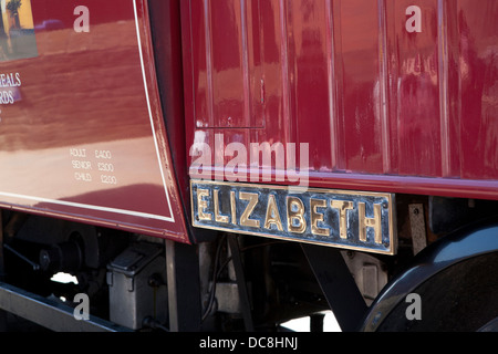 Name plate of Sentinel steam wagon (waggon) Elizabeth, A bus/coach style vehicle  giving tours around Whitby Bay, Yorkshire. Stock Photo