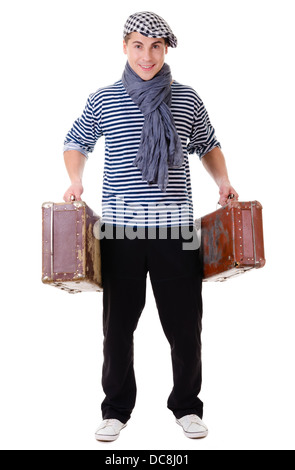 Full length stylish traveler man holding vintage suitcases isolated on white background Stock Photo
