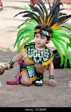 Cupa Day Festival, Pala Indian Reservation, Aztec dance troup, boy dressed in Aztec regalia Stock Photo