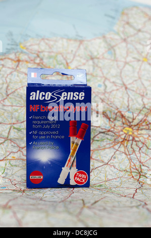 Alco sense Breathalyser kit on a map of France. Stock Photo