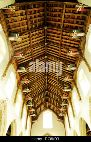 South Creake church, Norfolk, England UK, 15th century hammerbeam roof detail of angels angel hammer beam beams roofs Stock Photo