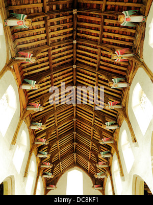 South Creake church, Norfolk, England UK, 15th century hammerbeam roof detail of angels angel hammer beam beams roofs Stock Photo