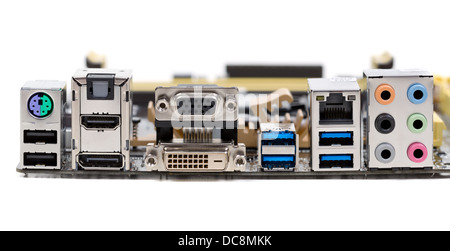 rear of the motherboard close-up, USB 3,0, HDMI, audio Stock Photo