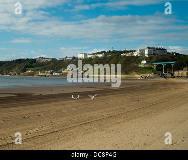 Early and empty deserted beach Scarborough Stock Photo