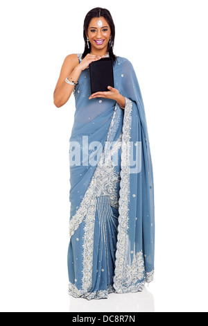 beautiful Indian woman in saree showing tablet computer over white background Stock Photo