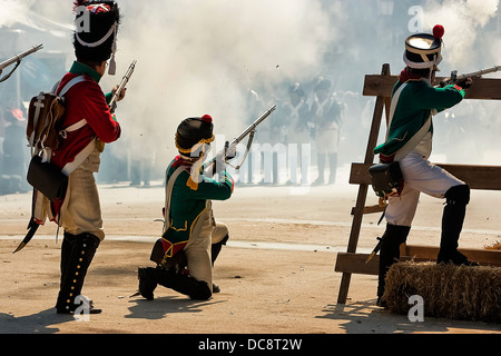 French soldiers firing from a barricade during the Representation of the Battle of Bailen of 1808, Bailén Jaén province, Andalus Stock Photo
