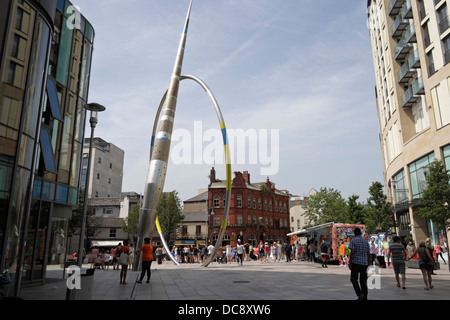 The Alliance metal sculpture in Cardiff City Centre, Wales UK, streetscene space needle Stock Photo