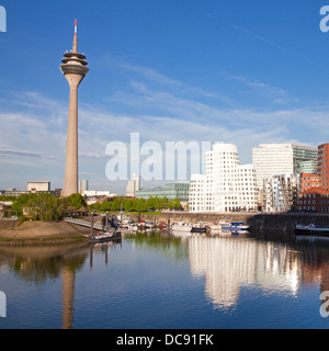 Europe, Germany, North Rhine Westphalia, Dusseldorf, Media Harbour,Rhine Tower and easterly media port Stock Photo