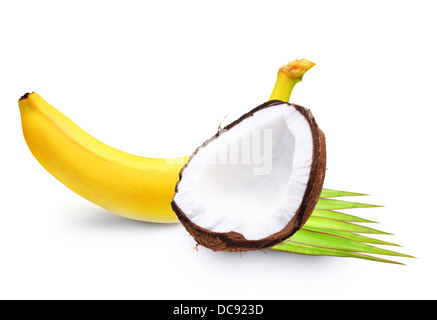 Ripe banana and coconut isolated on white background Stock Photo