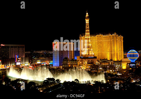 Las Vegas, Nevada, USA - April 7, 2011: Las Vegas Strip and the dancing Bellagio fountains by night. Stock Photo