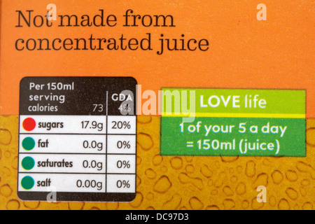 Not made from concentrated juice love life 1 of your 5 a day = 150ml (juice) information on carton juice - GDA guideline daily amount information Stock Photo