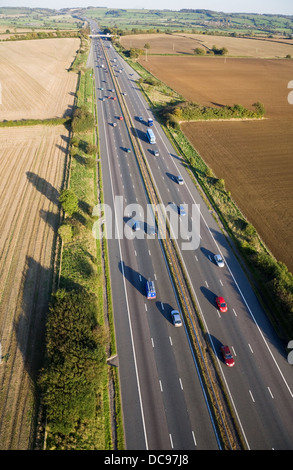 Aerial view of moving traffic on the M4 motorway in Somerset, England. Stock Photo