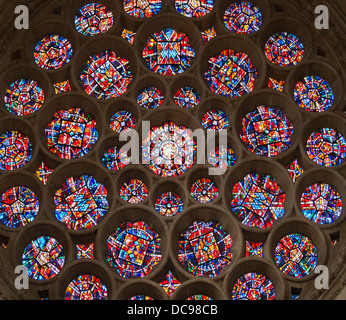 St Albans Cathedral in Hertfordshire, England - rose window in the north transept 1 Stock Photo