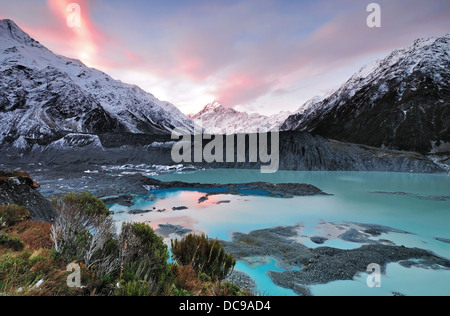 Colorful Sunset at Mueller Glacier Aoraki Mt Cook National Park, South Island, New Zealand, Stock Photo