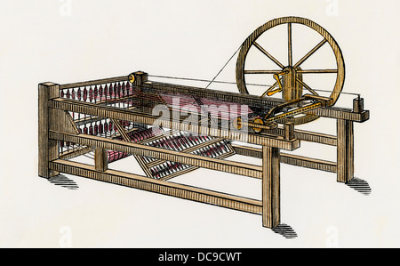 Hargreaves's spinning-jenny, invented in the 1760s. Hand-colored woodcut Stock Photo