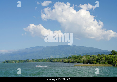 Guatemala, Rio Dulce National Park. Rio Dulce (Sweet River) runs from the Caribbean Sea inland to Lake Izabal. Stock Photo