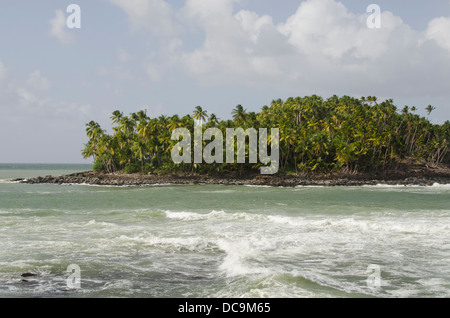 French Overseas Territory, French Guiana, Salvation Islands. View of Devil's Island from Ile Royale, home to the penal colony. Stock Photo