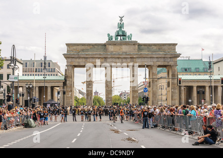 Many people on the 17th of June Street and square and Brandenburg Gate during IPZV Icelandic horses world championship, Berlin Stock Photo