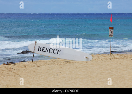 Rescue and Swimming Warning Signs Hawaii Beach Stock Photo