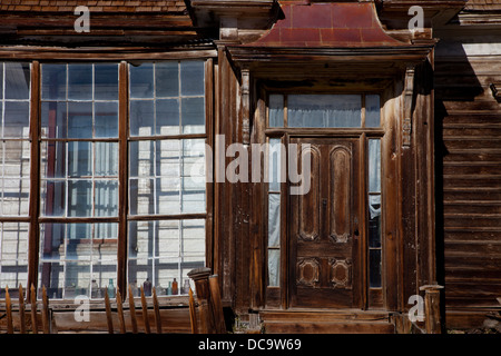 USA, California, Bodie State Historic Park. Front porch detail of abandoned house in ghost town. Stock Photo