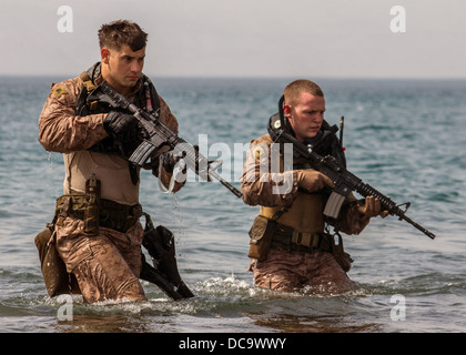 US Marines Maritime Raid Force commandos conduct an amphibious assault training August 3, 2013 in the Gulf of Tadjoura, Djibouti. Stock Photo