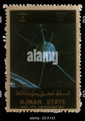 Stamp printed in United Arab Emirates (UAE) shows Explorer 17 series satellites, circa 1973 Stock Photo