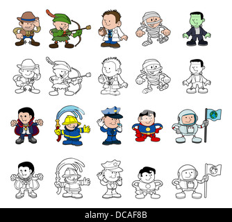 A set of cartoon people or children playing dress up. Color and black and white outline versions. Stock Photo