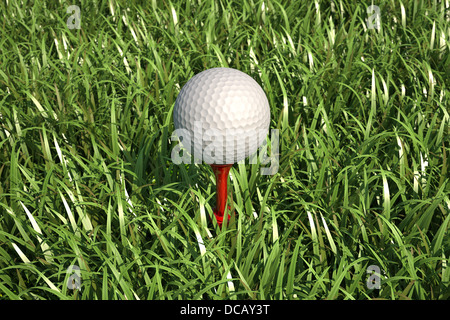 Golf ball isolated on tee in the grass, Close up, bird eye view Stock Photo