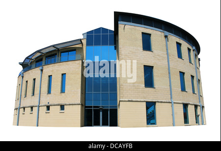 Exterior of empty modern office building with blue windows, white background. Stock Photo
