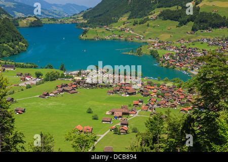 View on Lungern and the lake taken from Brunig Pass, Switzerland Stock Photo