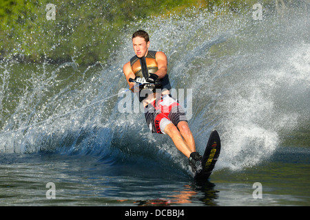 Young teenage boy wakeboardingon Cultus Lake-Chilliwack, British Columbia, Canada. Stock Photo