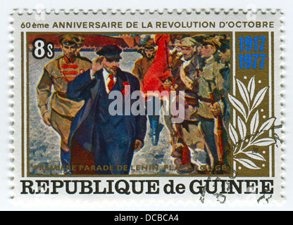 A stamp printed in Guinea shows image of the Vladimir Ilyich Lenin; born Vladimir Ilyich Ulyanov. Stock Photo