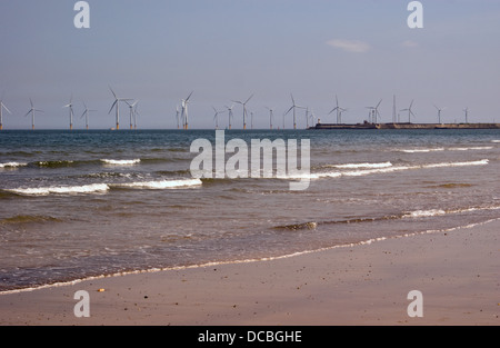 Offshore Wind Turbine Farm in the sea at Redcar seen from Seaton Carew Hartlepool beach Stock Photo