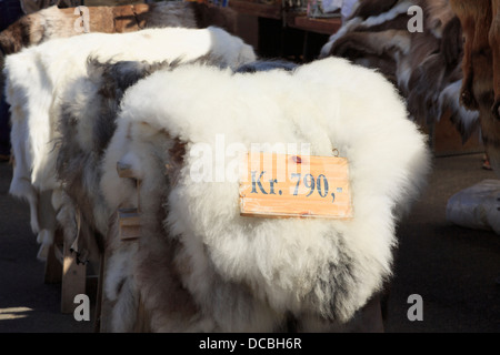 Reindeer fur skins on sale on a market stall in Bergen, Hordaland, Norway, Scandinavia Stock Photo