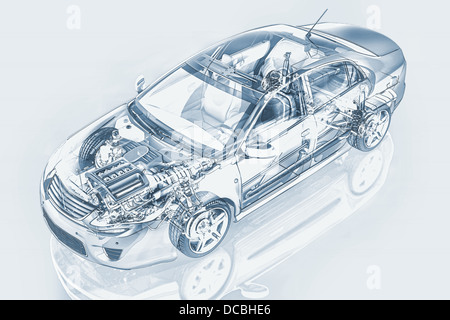 Generic sedan car detailed cutaway representation, with ghost effect, in pencil drawing style, on neutral background. Stock Photo