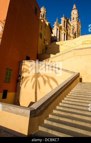 Looking up at the Basilica St. Michel in Menton, Southern France Stock Photo