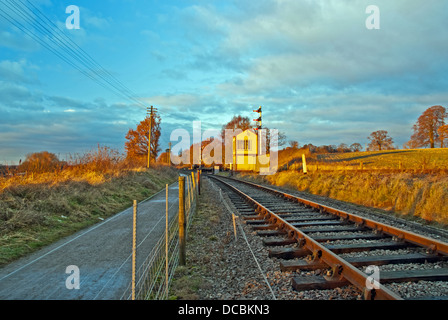 Railway Tracks And Signal Box Brampton Valley way Northamptonshire United Kingdom England Stock Photo