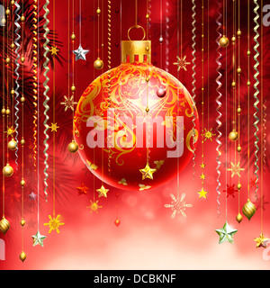 Christmas red abstract background with several decorations hanging down and a red decorated ball in the middle. Stock Photo