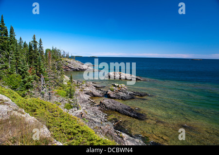 View of Rock Harbor and Lake Superior from the Stoll Memorial Trail, Isle Royale National Park, Michigan, United States of America Stock Photo