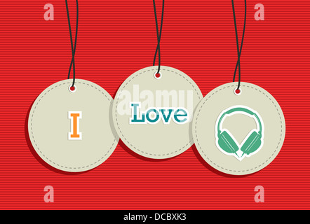 I love dj music headphones hang tags illustration. Vector file layered for easy manipulation and custom coloring. Stock Photo