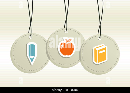 Back to school hang tags, pencil apple book illustration set. Vector file layered for easy manipulation and custom coloring.  Stock Photo