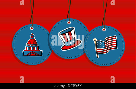 USA patriotic icons flag, congress, hat hang tags illustration set. Vector file layered for easy manipulation and custom coloring. Stock Photo