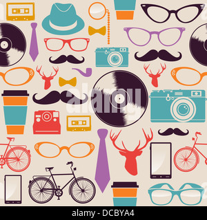 Colorful retro hipsters icons seamless pattern illustration. Vector file layered for easy manipulation and custom coloring.  Stock Photo