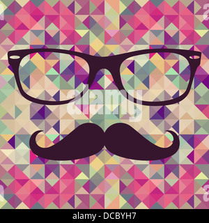 Colorful retro hipsters mustache and glasses face over triangle seamless pattern. Vector file layered for easy manipulation and custom coloring. Stock Photo